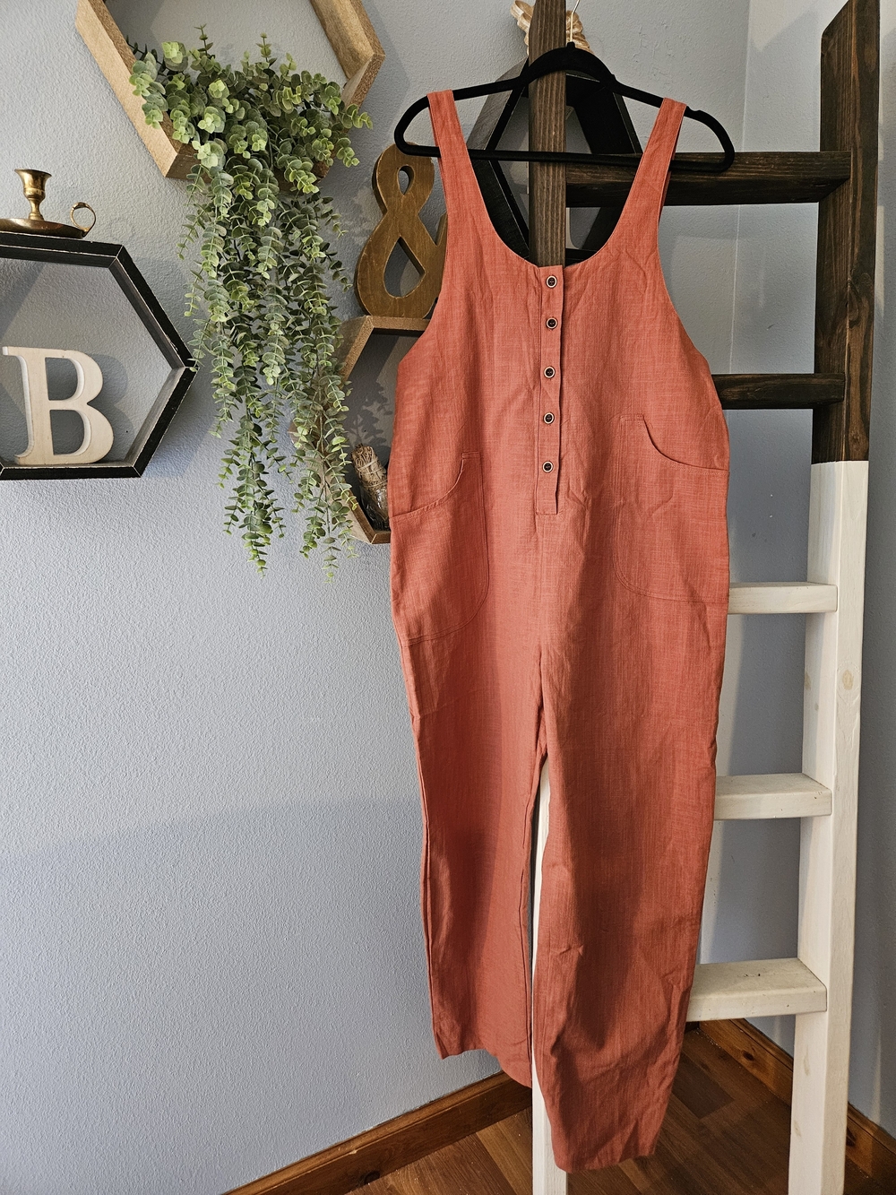 NWT Wide Leg Rust Orange Button-Front Linen Blend Jumpsuit Overalls Size Large
